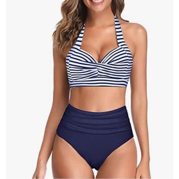Tempt Me Vintage Swimsuit Two Piece Retro Halter Ruched High Waist Bikini Medium - Picture 1 of 9